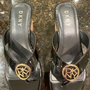DKNY Black Patent & Cork Wedge Sandal Size 8M